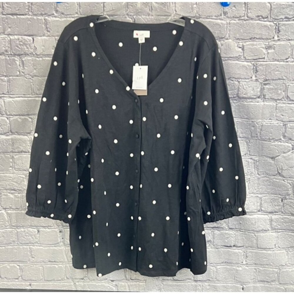 J.Jill Black & White Polka Dot Cotton‎ Button-Up Blouse 2X